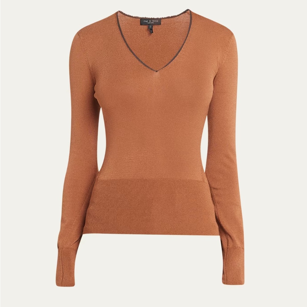 rag & bone Danielle Long Sleeve Lace Trim Top Blouse Brown Fitted V Neck Fall